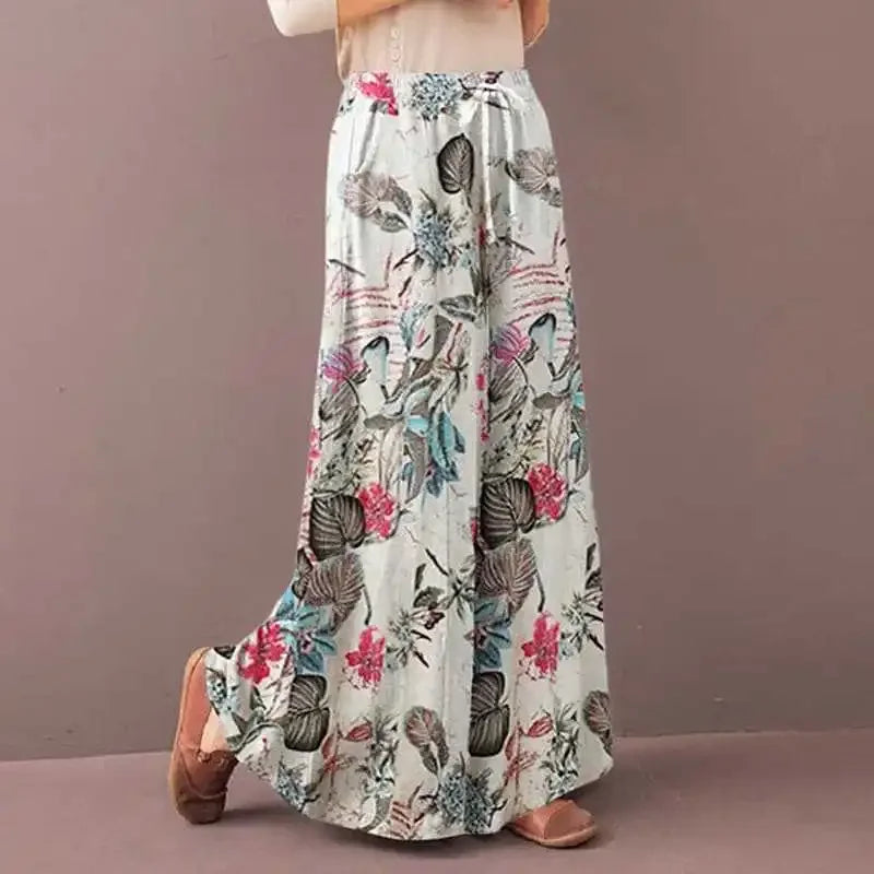 Sizes to 3XL Boho Floral Print Wide Leg Pants Casual Loose Elastic Waist  and Drawstring