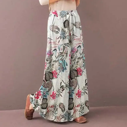 Sizes to 3XL Boho Floral Print Wide Leg Pants Casual Loose Elastic Waist  and Drawstring