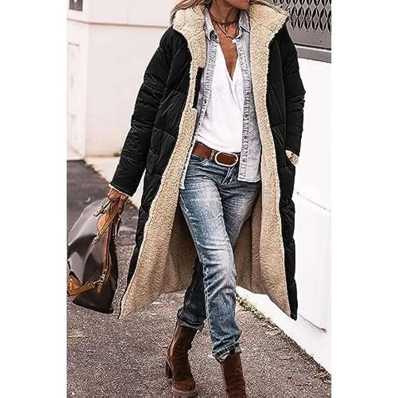 Reversible Sherpa Fleece, Long, Hooded Puffer Coats. Check colors: Brown, Green, Black, Burgundy, Light Gray