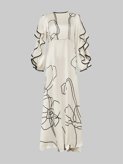 Boho Floor Length Evening Dress, Round Neck, Open Ruffled Sleeves trimmed in Black, Dress has an artistic Black on White Floral Design