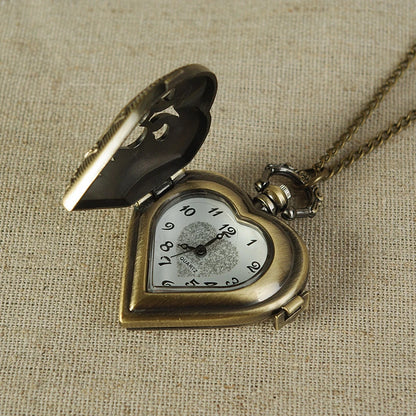 Vintage Bronze Heart Shape Pendant Quartz Pocket Watch with Necklace Chain