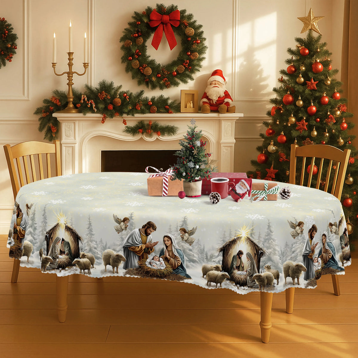 Christmas Nativity Tablecloth in 13 Designs (sizes and shapes listed at end)