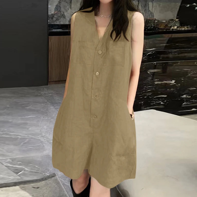 Sizes to 5XL Short Jumpsuits,  Sleeveless, Casual, Loose Fit, V Neck, Pockets, Comes in Khaki, Red, and Black