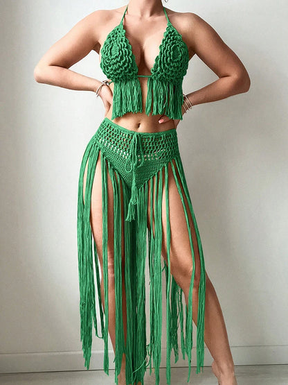 Floral Crochet Flower Halter Top with Long Tassels on Top and Long  Fringe on Bottoms, Tie Top and Bottoms