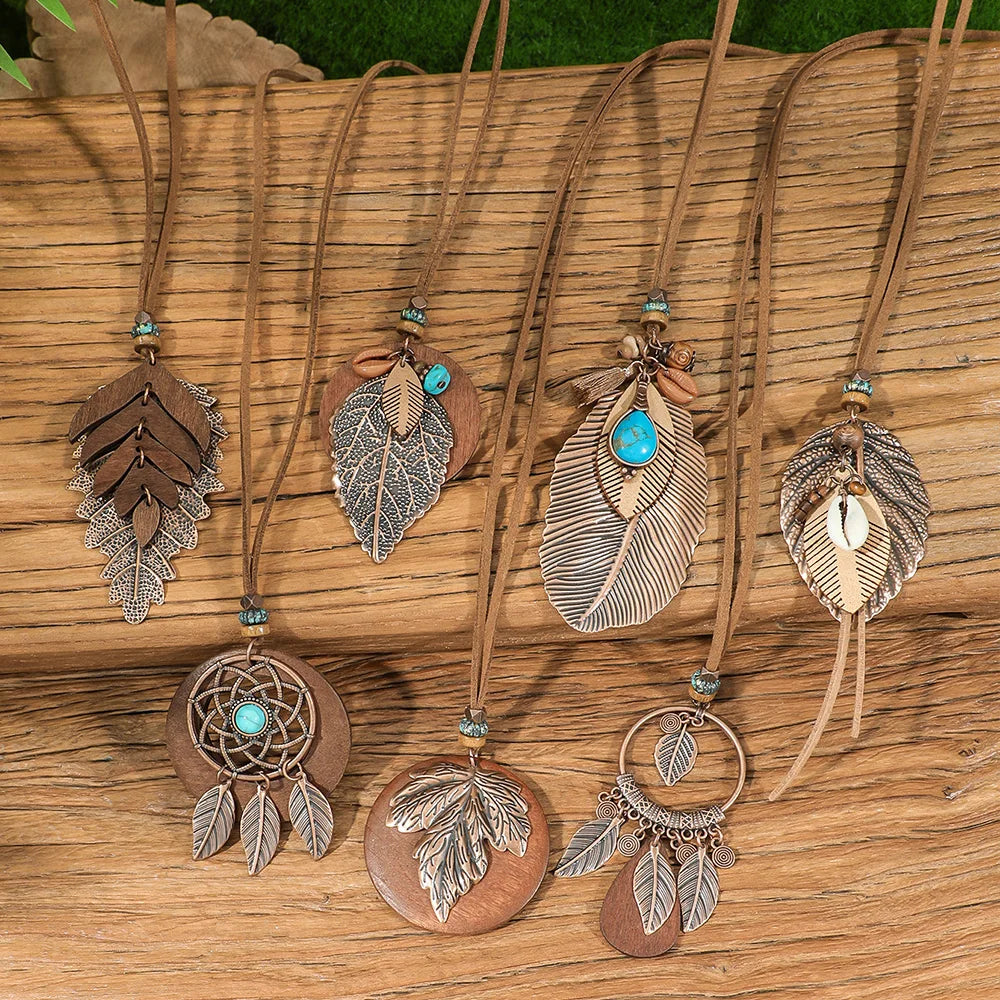 7 piece Boho Long Necklace Set, Brown Pendant Necklaces: Turquoise Shell Design Tribal Jewelry