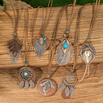 7 piece Boho Long Necklace Set, Brown Pendant Necklaces: Turquoise Shell Design Tribal Jewelry