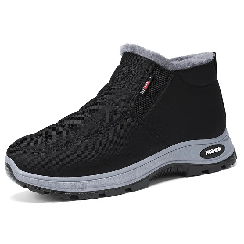 Waterproof Plush, Warm Ankle Snow Boots in Red, Black, Blue, Green, and Tan.