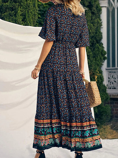 Maxi Length Boho Print Short Bell Sleeves V Neck High Waisted