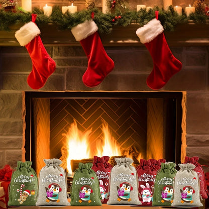 Christmas Drawstring Burlap Gift Bags, 12-Pack, 2 Colors