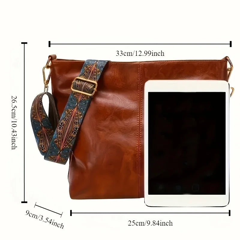 Boho Chic Faux Leather Shoulder Bag Large Capacity Crossbody Tote with Vintage Wide Adjustable Strap