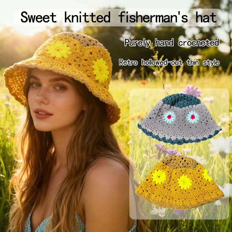 Crocheted Floral Bucket Breathable Boho 3D Flower Sun Hat