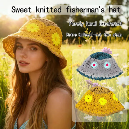 Crocheted Floral Bucket Breathable Boho 3D Flower Sun Hat
