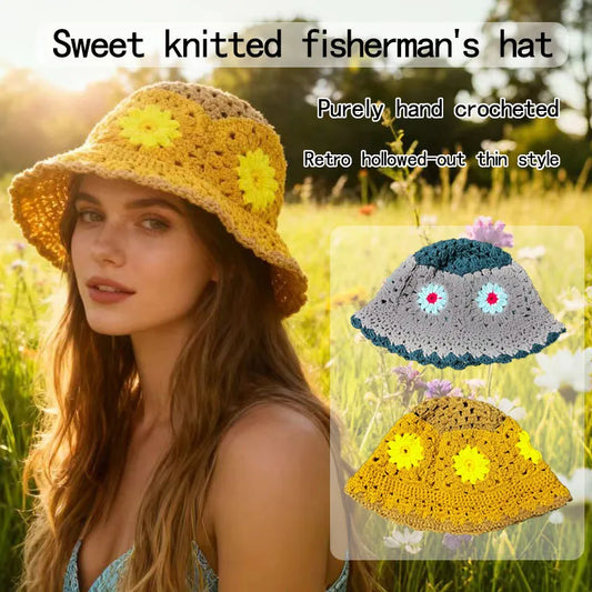 Crocheted Floral Bucket Breathable Boho 3D Flower Sun Hat