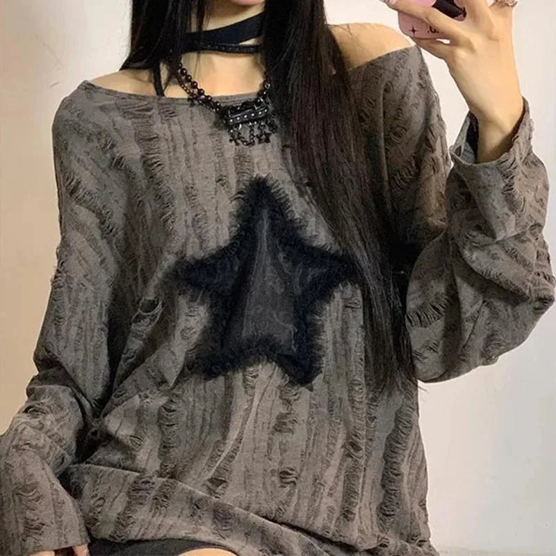 Star Print T-Shirt, Streetwear, Off Shoulder Tops, Oversized, Long Sleeve Loose Tees