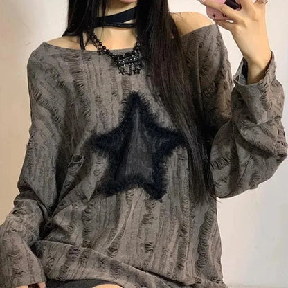 Star Print T-Shirt, Streetwear, Off Shoulder Tops, Oversized, Long Sleeve Loose Tees