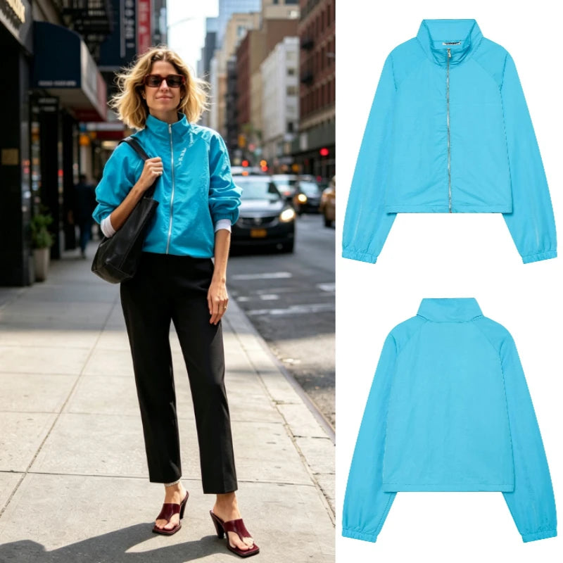 Standing Collar Long Sleeve Pocket Zipper Multifunctional Everyday Lightweight Jacket