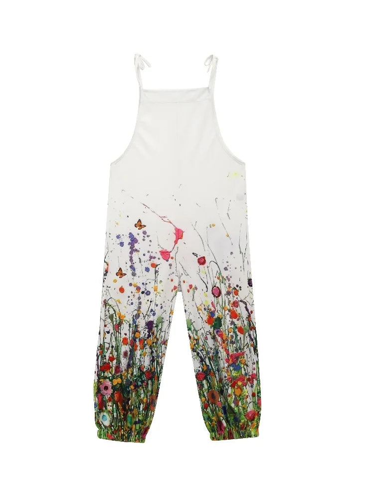 Sling Jumpsuit, Tie String Straps, Floral Printed, Wide Leg Pants, Casual Outdoor, Loose,  Comfortable, Breathable