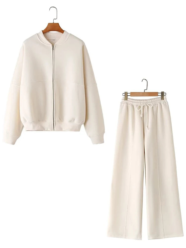Warm 2 Piece Sweatsuits, Thick Fleece, Zipper Jacket, Batwing Sleeves, Clean Lines
