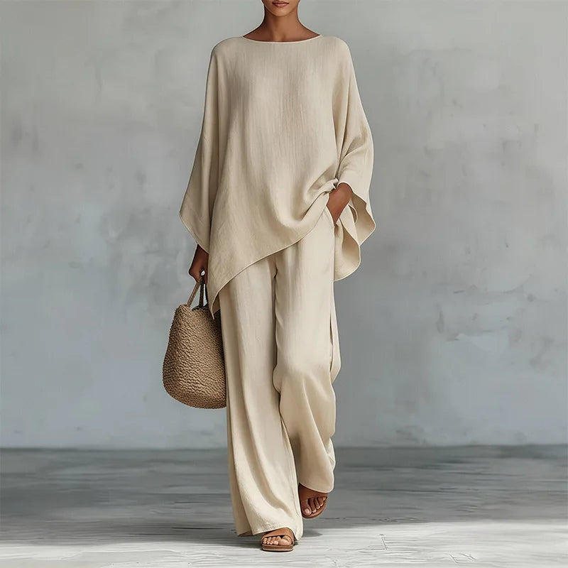 Retro Loose Linen, Long-Sleeved, Extra-Wide Legged Pantsuit, Angled Hem on Top Hem and Sleeves. Comes in Wine Red, White, Grey, Black, and Khaki