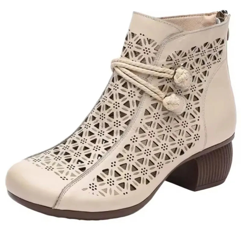 Bopho 5cm Thick Heel Ankle Boots Handmade Retro Style Genuine Leather Zipper Back Breathable