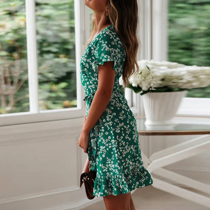 Boho Floral Skirt Print Ruffles, V Neck, Short Sleeve, A Line, Mini Dresses