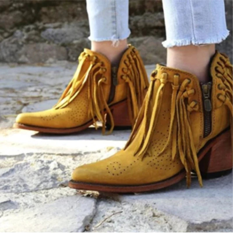 Short Walking with Western Flair, Suede, Low Heel Round Toe, Tassel Ankle Boots with Side Zipper Closure. In Gold and Off White