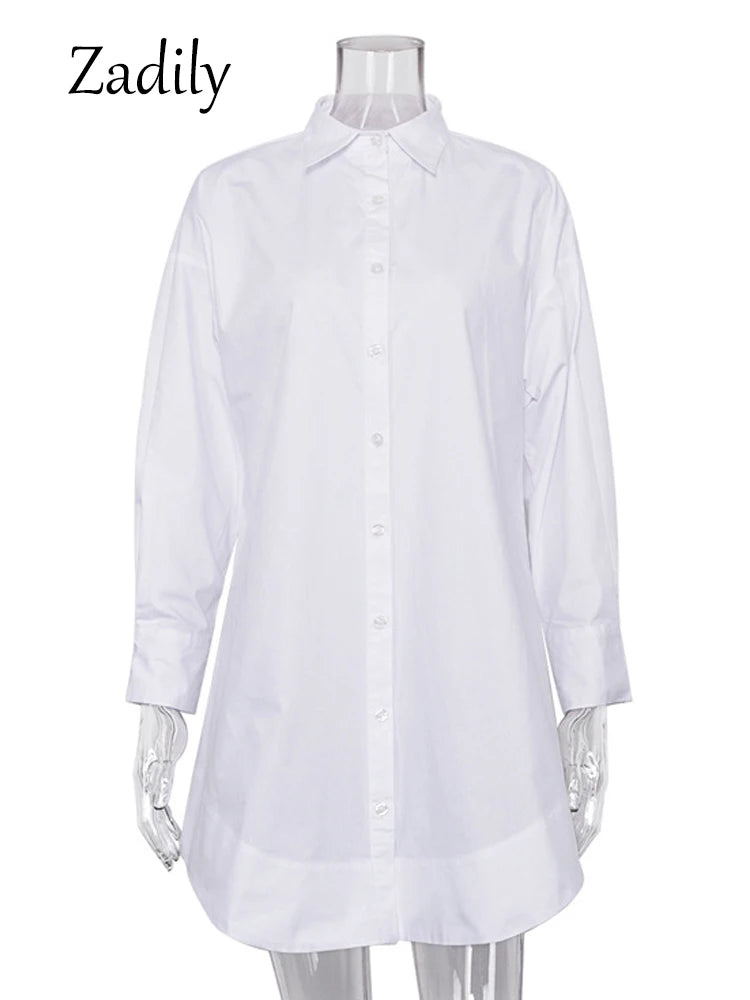 Minimalist White Long Oversized Full Sleeve Button-Up Blouse in Black and White