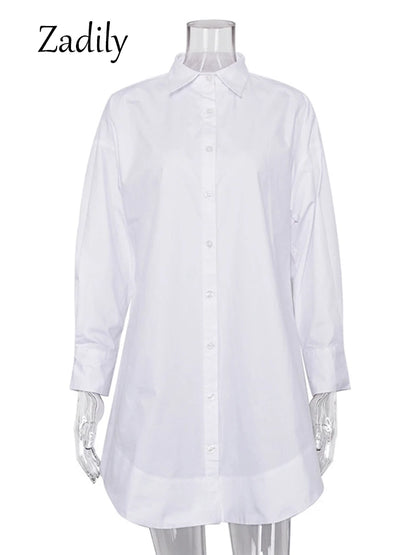 Minimalist White Long Oversized Full Sleeve Button-Up Blouse in Black and White