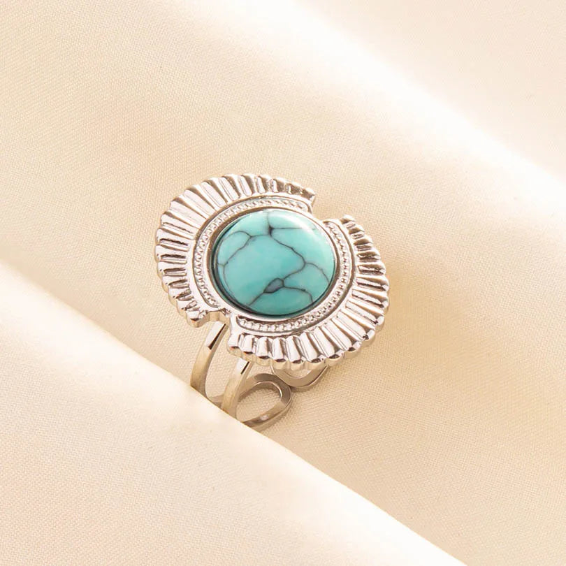1pc Boho Turquoise Ring Stainless Steel Light Blue Gemstone Silver Adjustable Ring