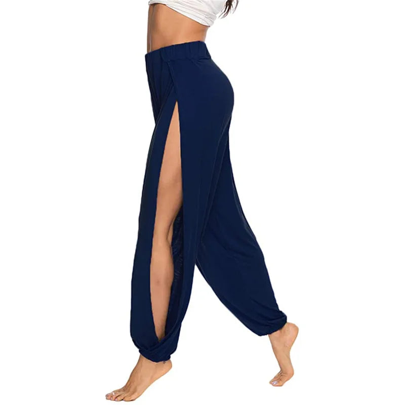 Boho Pants Elastic Waist Women's High Split Hippy Casual Pants, High Waisted