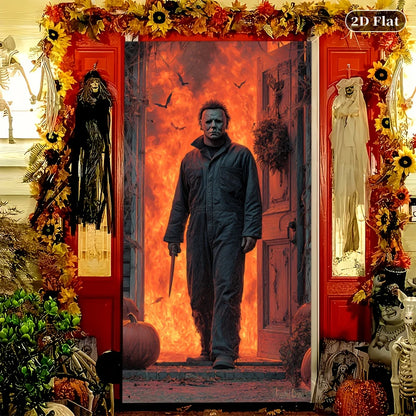 2D door banner, Halloween door cover 70.8 by 30.4 inches- polyester indoor/outdoor decoration with Michael Myers mask design