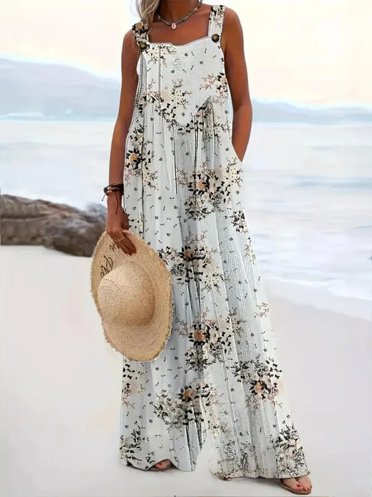 Sizes to 5XL Floral Print Loose Overalls Casual Suspender Wide-Leg Jumpsuit