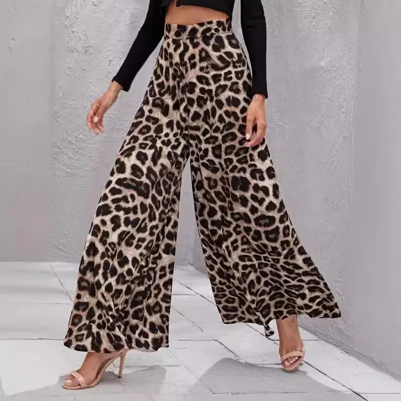 Leopard Print, Casual Straight, Wide Leg Pants, Elastic Waistband