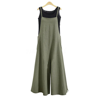 Spaghetti Strapped Jumpsuit to Sizes 5XL. Solid Color, Wide Leg Pants. Bibbed Overalls with Pockets. Casual, Loose, Cotton Linen