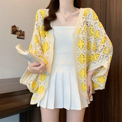 Bohemian Style Hollowed-out Long Sleeve Light Weight Sweater with V Neck and Batwing Sleeves