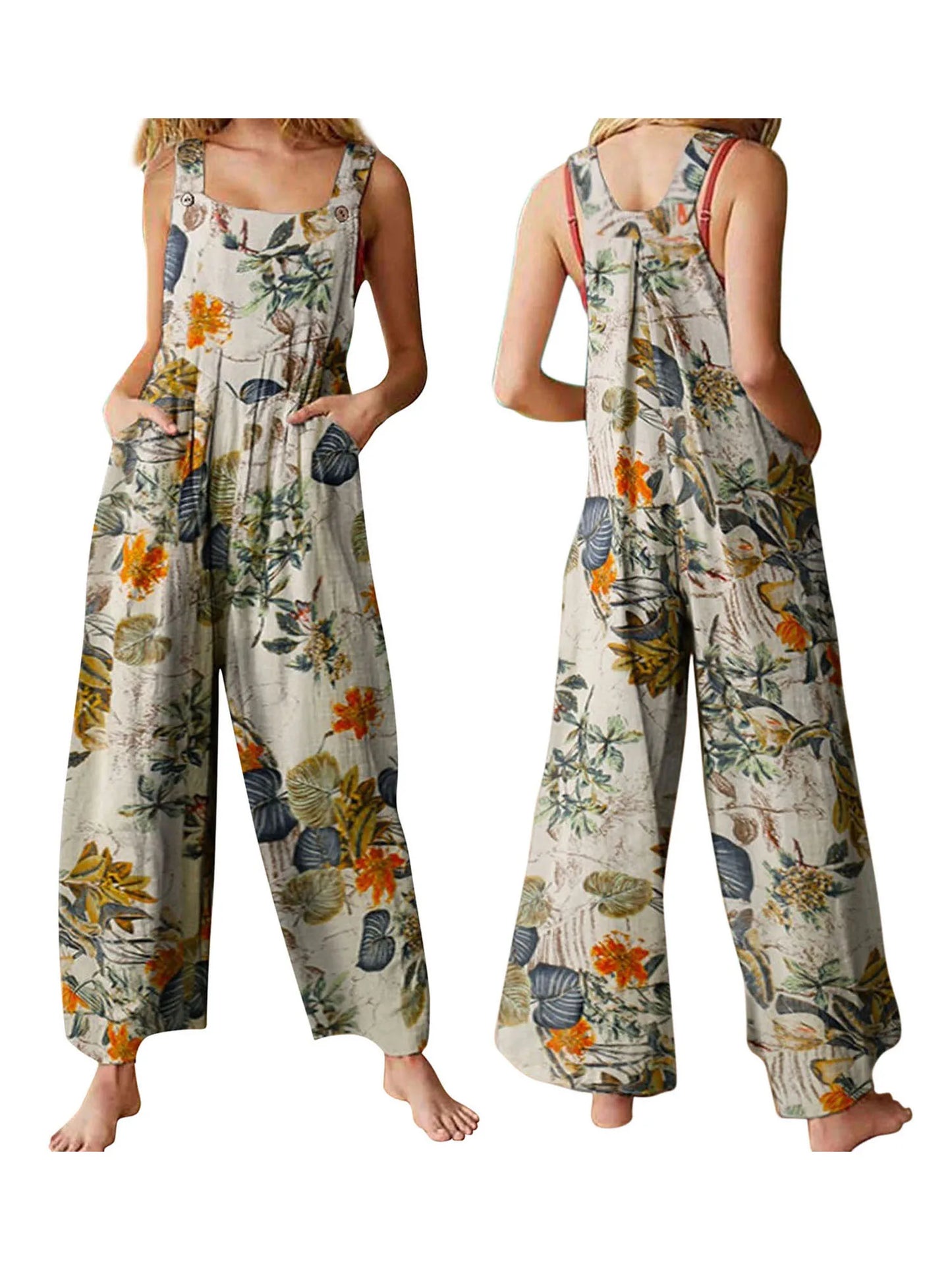 Floral Print, Square Neck, Sleeveless, Casual Overalls with Pockets