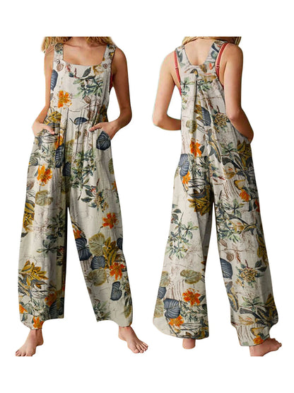 Floral Print, Square Neck, Sleeveless, Casual Overalls with Pockets