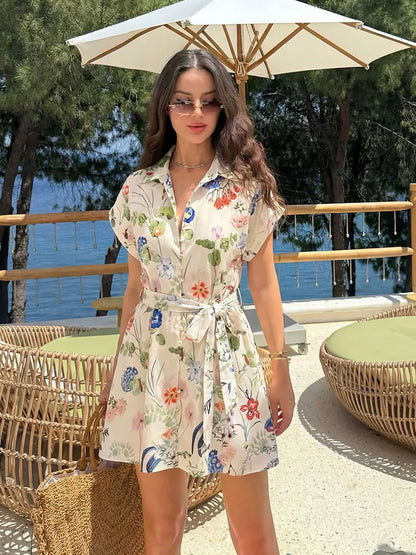 Boho Floral Print Shirt Mini Dress With Belt and Button Down Front, Tie Waist