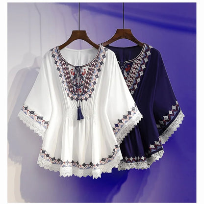 Retro Boho Style Embroidery Blouses Loose Cotton with Lace Hem Batwing sleeves
