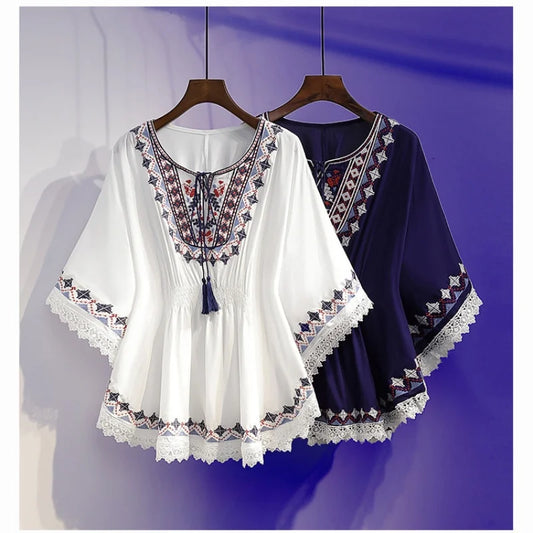 Retro Boho Style Embroidery Blouses Loose Cotton with Lace Hem Batwing sleeves