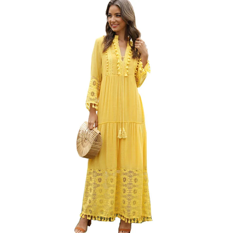 Sizes to 4XL Bohemian V-Neck Tassel Hems, Large Size, Lace flower tier, Casual Dress