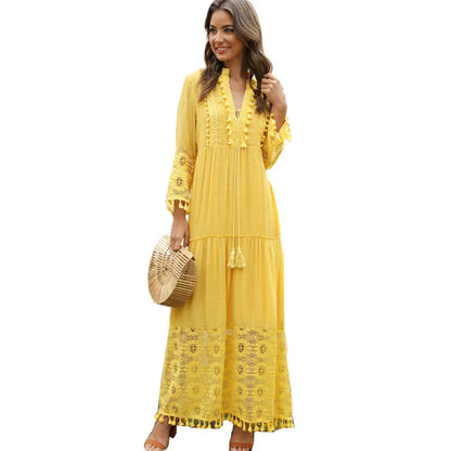 Sizes to 4XL Bohemian V-Neck Tassel Hems, Large Size, Lace flower tier, Casual Dress