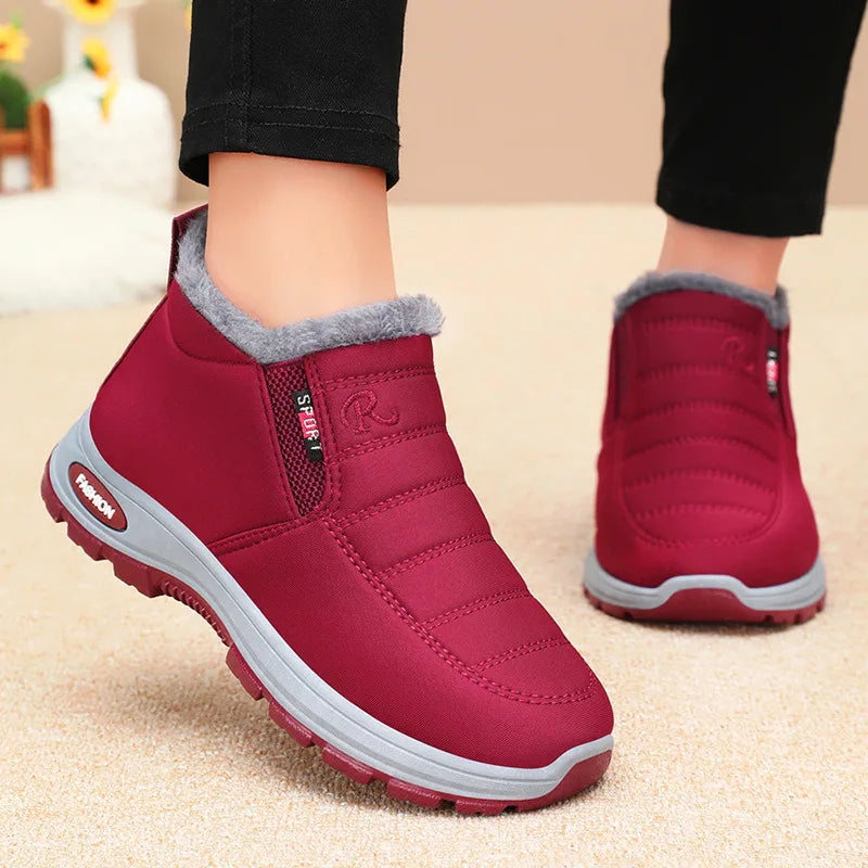 Waterproof Plush, Warm Ankle Snow Boots in Red, Black, Blue, Green, and Tan.