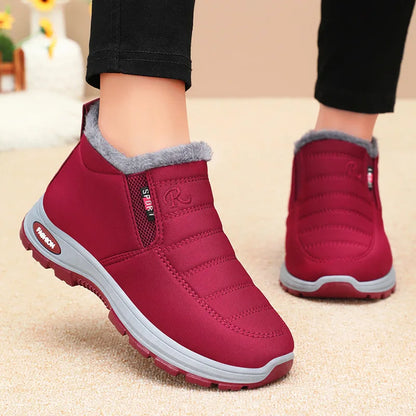 Waterproof Plush, Warm Ankle Snow Boots in Red, Black, Blue, Green, and Tan.