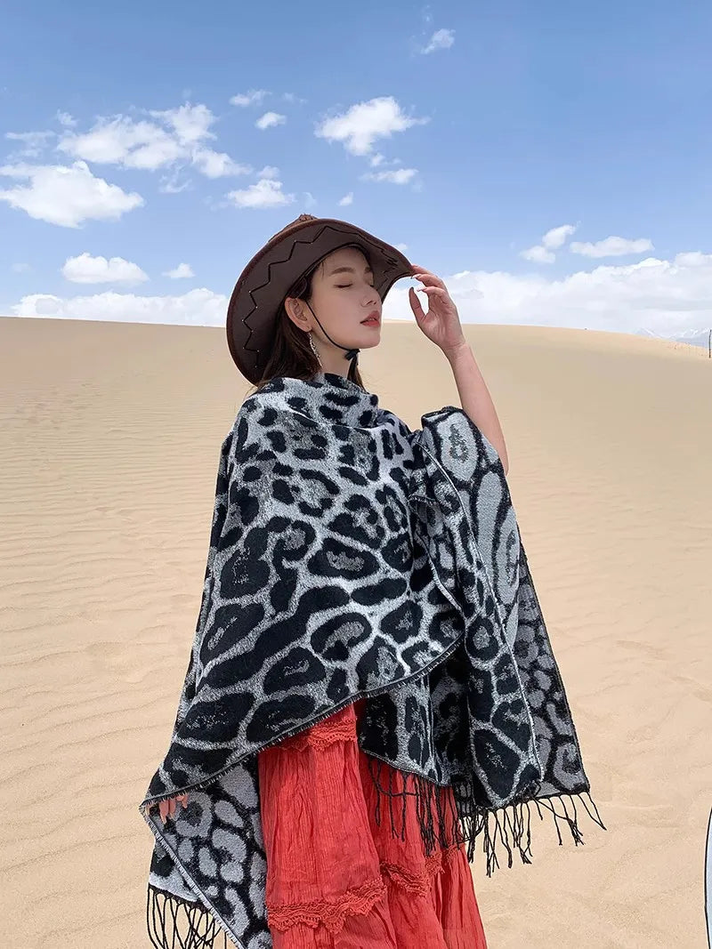 Vintage Boho Leopard Print Soft Over-the-Head Cloaks With Tassels