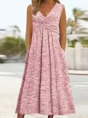Sizes to 6 XL, Casual V-Neck, Empire Waist, Short Sleeve, Breathable, A-Line Dress with Pockets