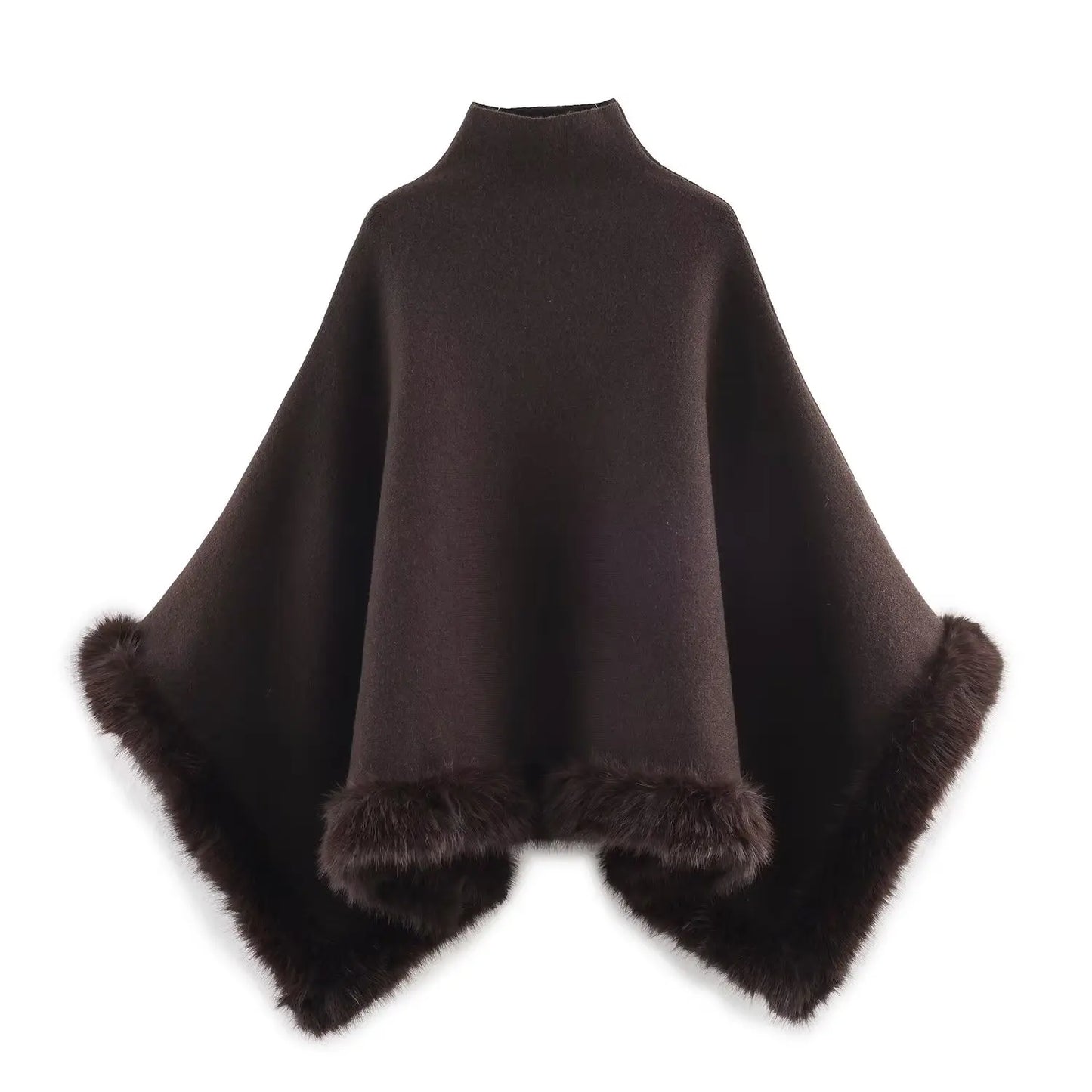 Chic Faux Fur Edged Cape High Collar Casual Loose Knitted