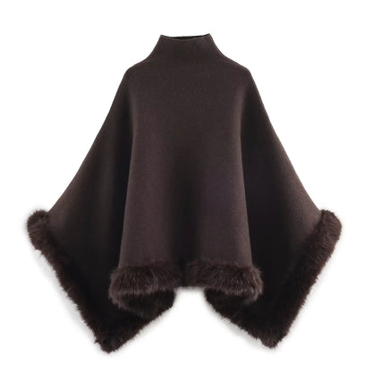 Chic Faux Fur Edged Cape High Collar Casual Loose Knitted