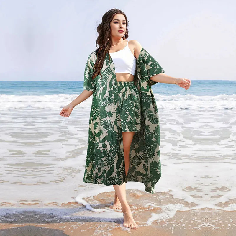 Beachwear, Plus Sizes to 4XL Women's  Printed Two-piece Set,  Bohemian Print Open Front Kimono with Short Sleeves and Shorts Ensemble.