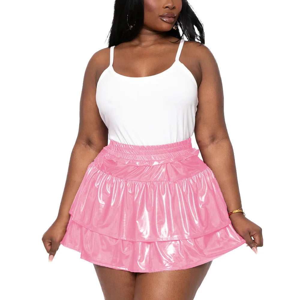 Sizes to 8XL!! Hologram Laser Tiered Pleated Mini Skirts, High Elastic Waist, A-line